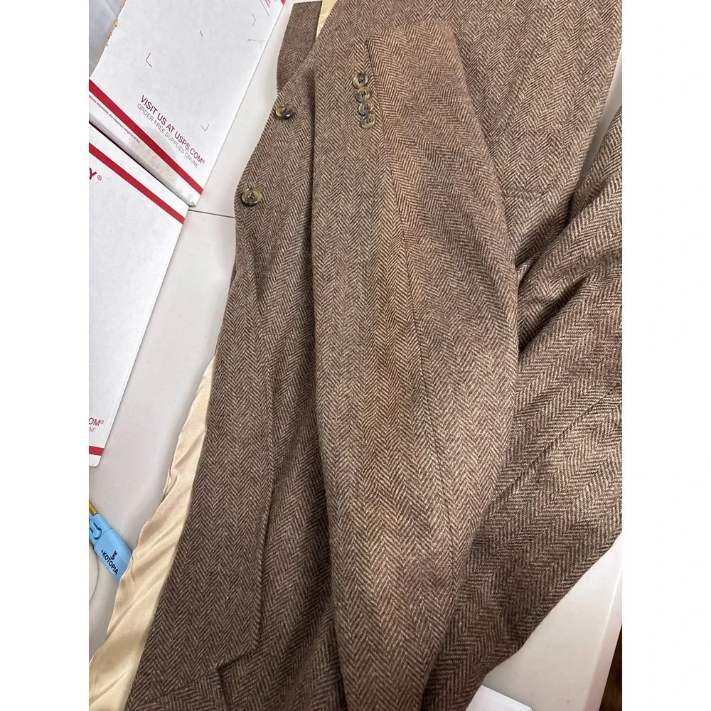 Vintage Land End Sport Coat 44L Brown Lambswool Herringbone Tweed Blazer USA 46L - Picture 7 of 12